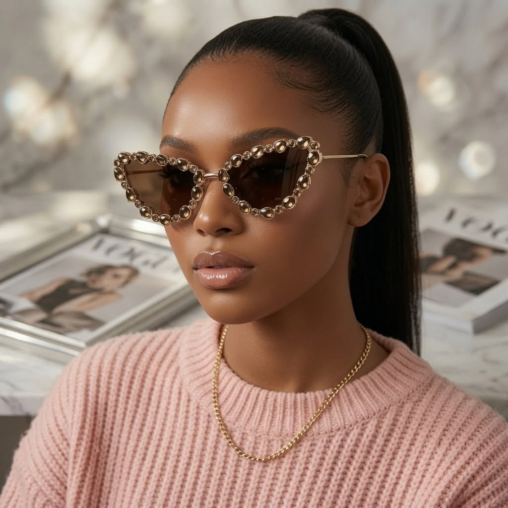 Crystal Luxe Cat-Eye Sunglasses – Bold Black Frame with Full Rhinestone Bling ✨
